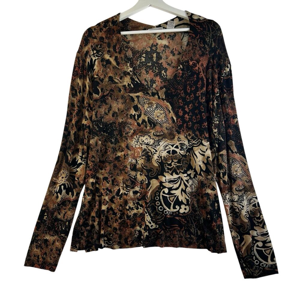 Chicos Travelers Size 3 US XL 16 Top Slinky Stretch Long Sleeve Scoop Neck Brown